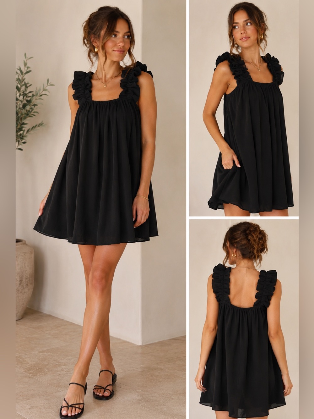 Entro Black Ruffle Strap Babydoll Mini Dress NWT Small